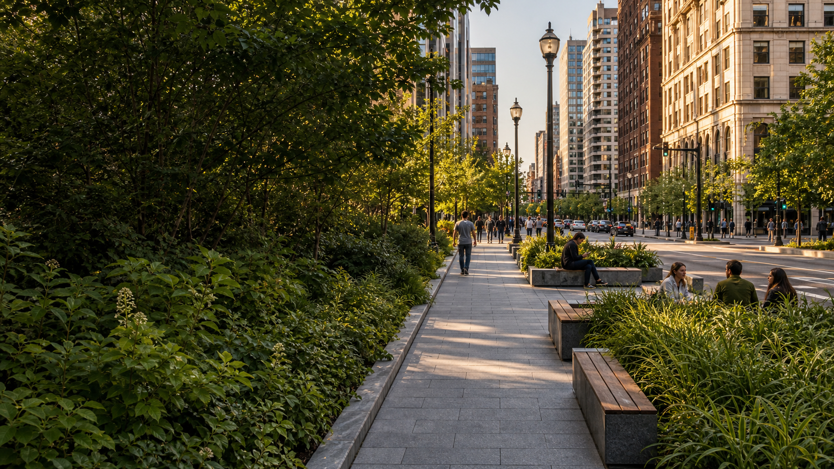 Tree-lined public promenade with a planted median