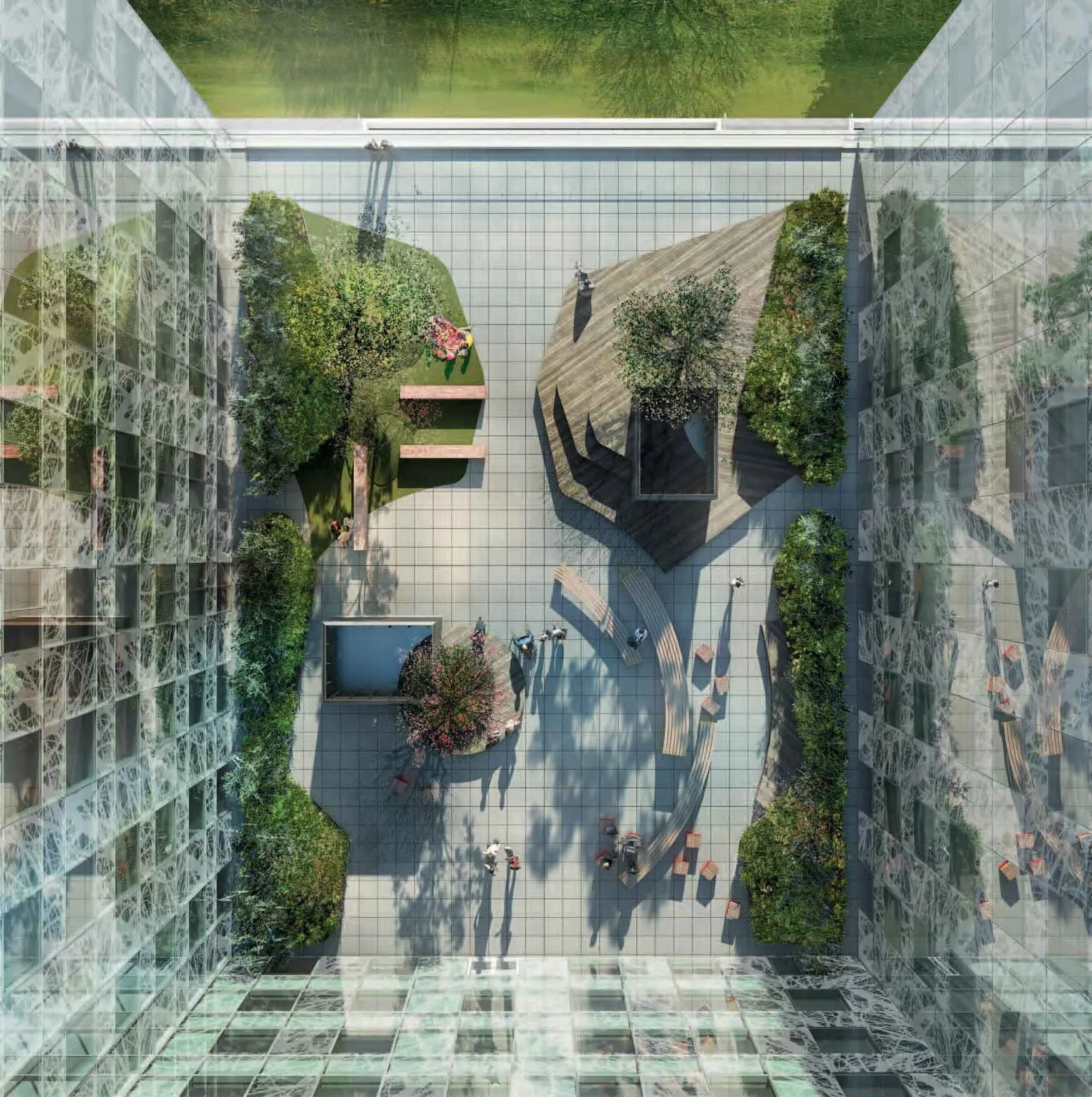 Aerial view of a planted courtyard framed by planting and glass