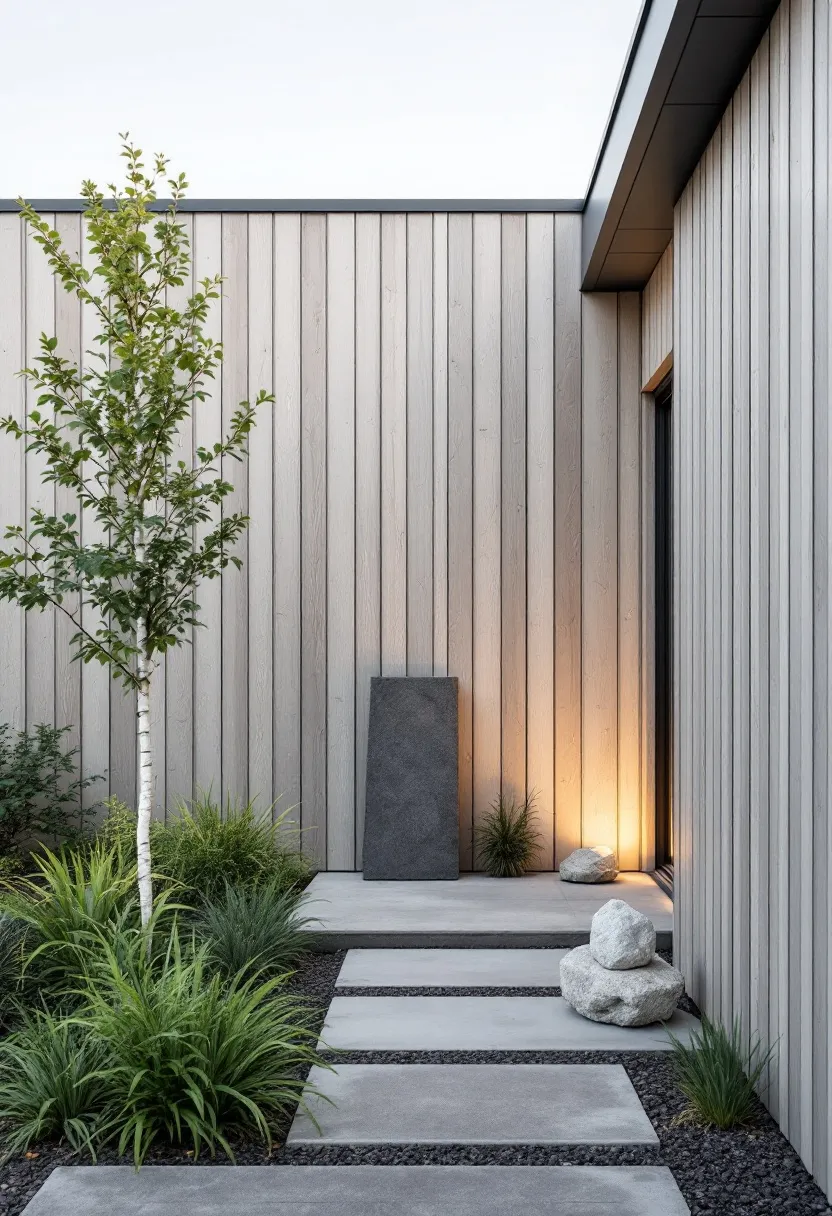Narrow residential courtyard garden with timber cladding and a stone path